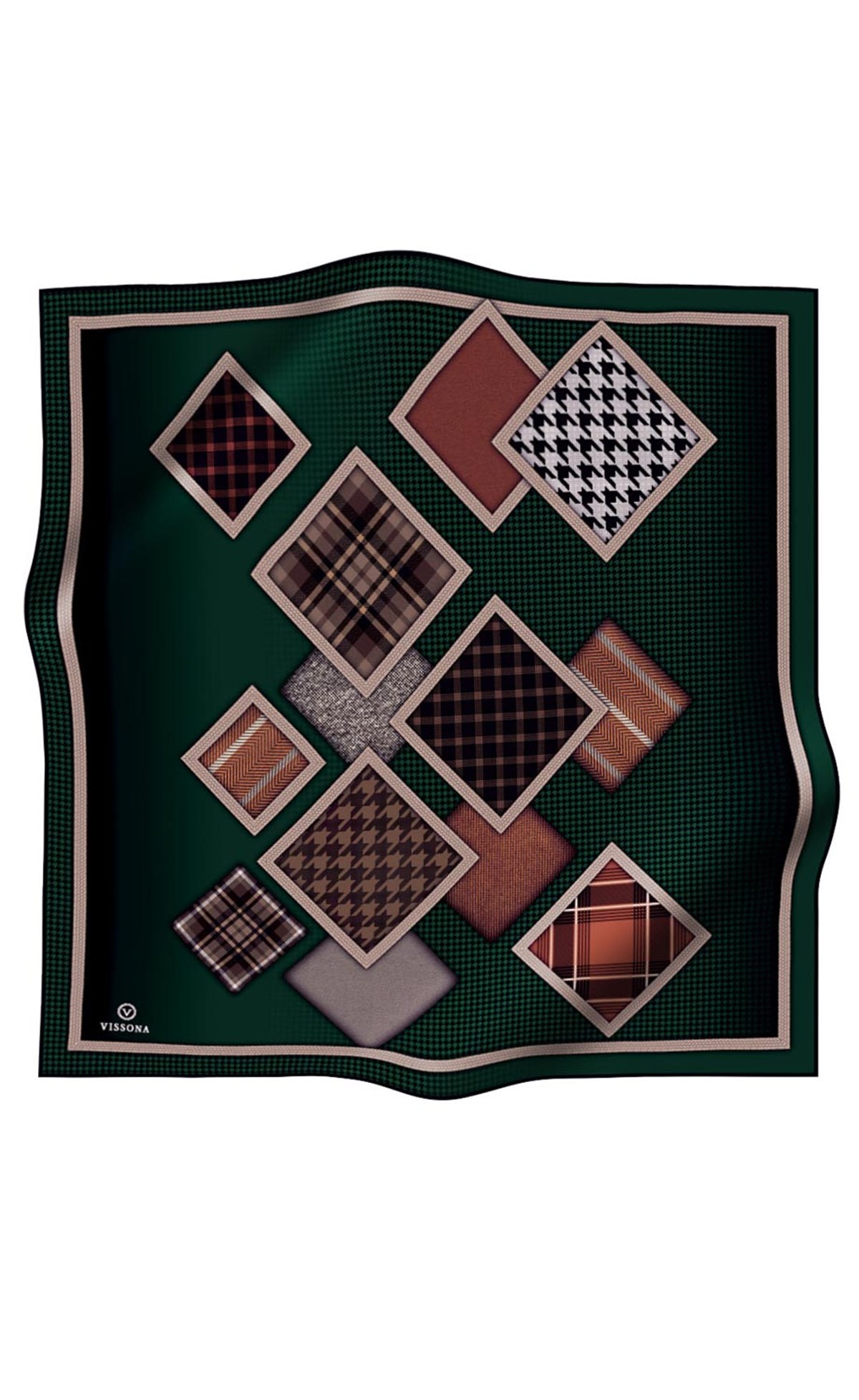 %100 Twill İpek Kazakayaklı Ve Ekose Desenli Zümrüt Yeşili - Siyah Renkli 90x90 Eşarp Dikim Şekli : El Dikişi