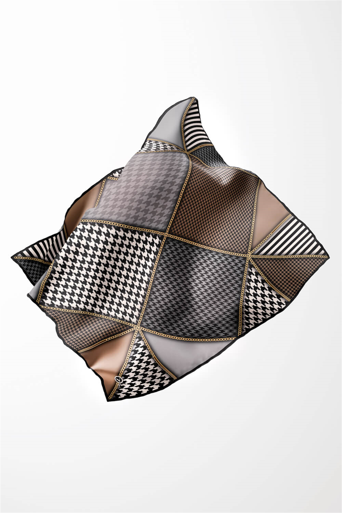 Twil Geometrik Ve Kazayak Desenli Gri - Bej Renkli 90x90 Eşarp (İpek İçermez) Dikim Şekli : El Dikişi