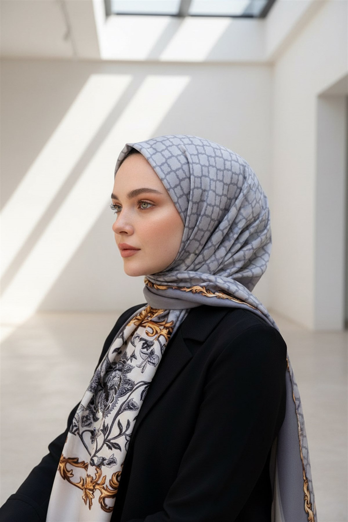 %100 Saf İpek Şal İnce Saten Vual Dokuma Dokuma Çiçek Desenli Gümüş - Gri Renkli 90x210 Şal