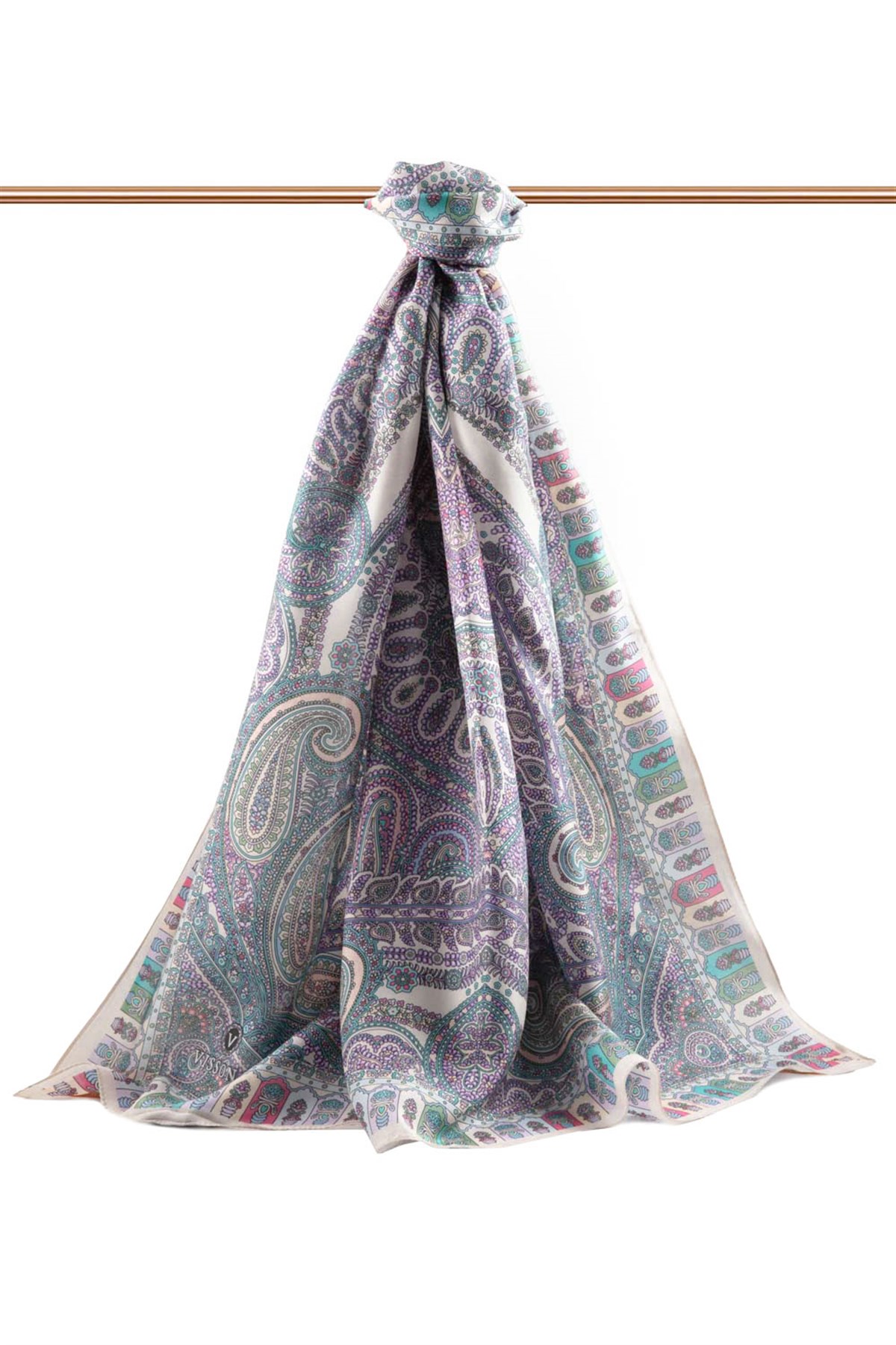 100% İPEK ETRO DESENLİ BEJ - LİLA RENKLİ ŞAL