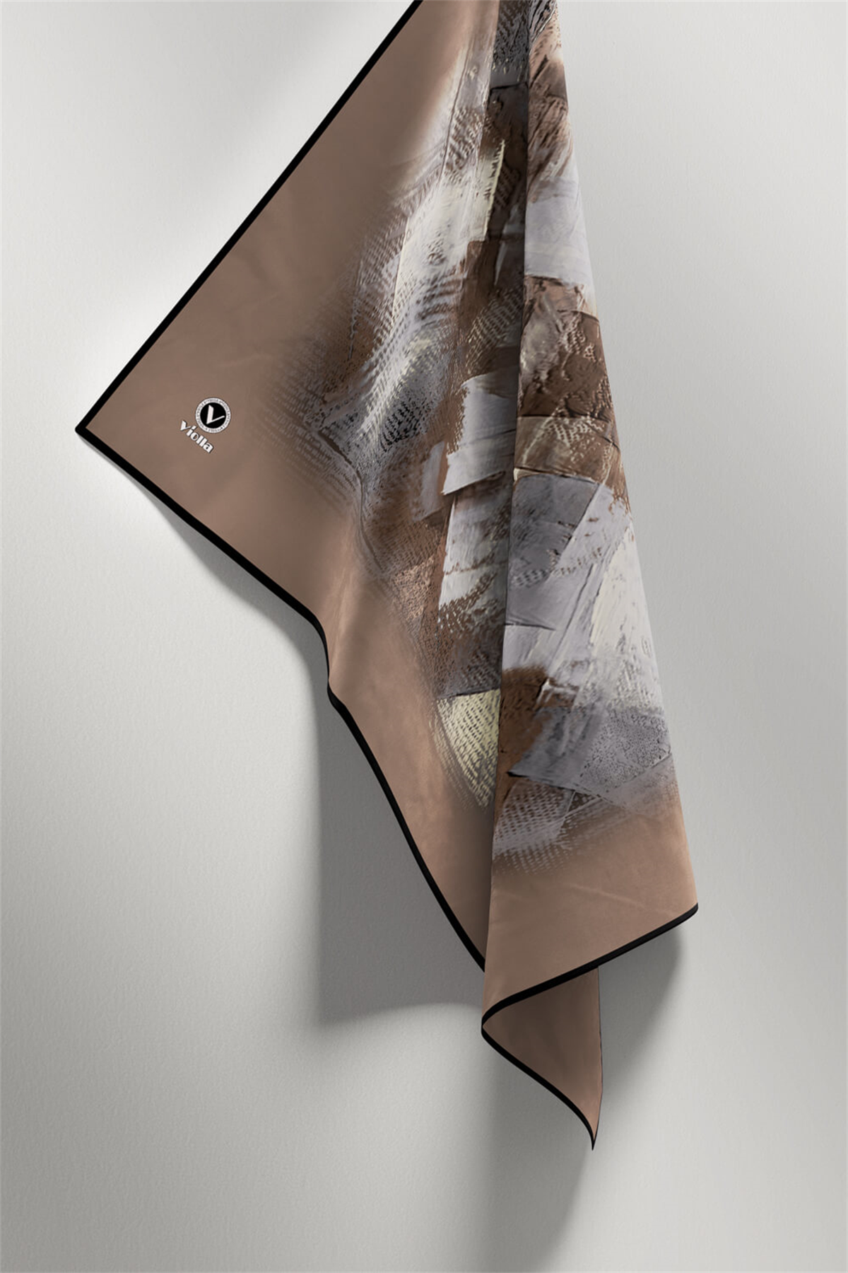 Twill Fırça Efektli Desenli Vizon Renkli 90x90 Eşarp (İpek İçermez) Kenar Dikiş Şekli El Dikişli