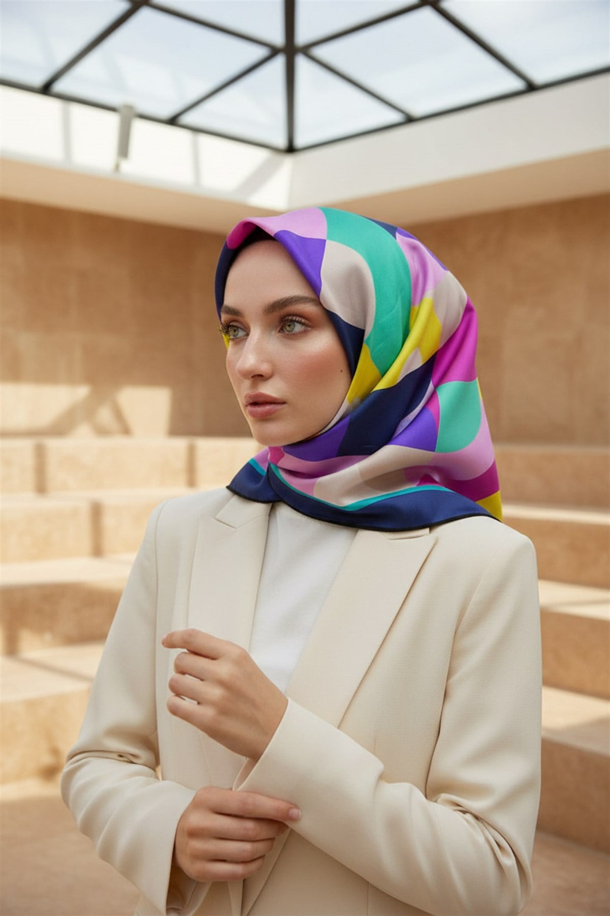 %100 Twill Renk Bloklu Çizgili Desenli Pembe - Lacivert Renkli 90x90 Eşarp Dikim Şekli: El Dikişii