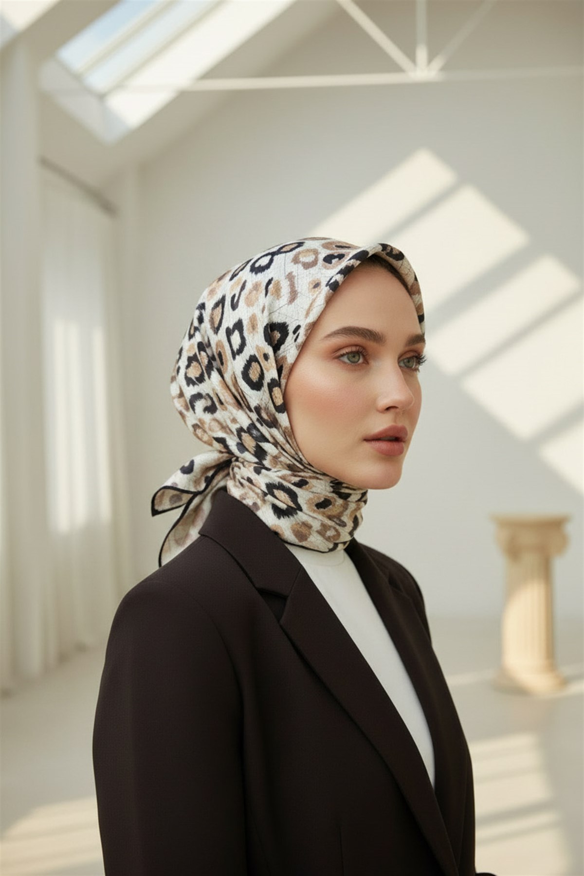 %100 Twill İpek Renkli Leopari Desenli Bej - Siyah Renkli 90x90 Eşarp Kenar Dikiş Şekli El Dikişli