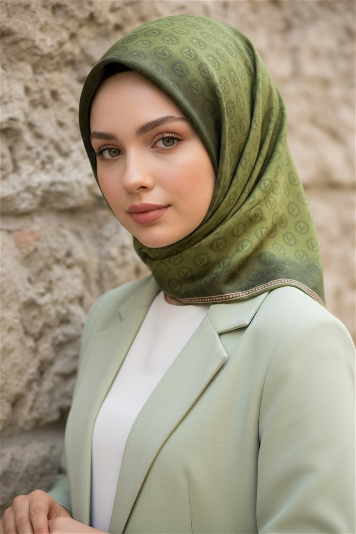 %100 Twill İpek Monogram Desenli Haki  Renkli 90x90 Eşarp Dikim Şekli : El Dikişi