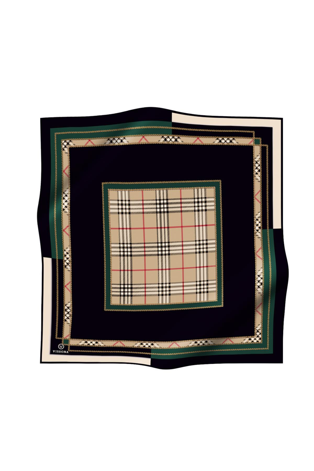 % 57 İPEK % 43 VİSKON Twill İpek Ekose Desenli Zümrüt Yeşili Renkli 90x90 Eşarp Dikim Şekli : El Dikişi