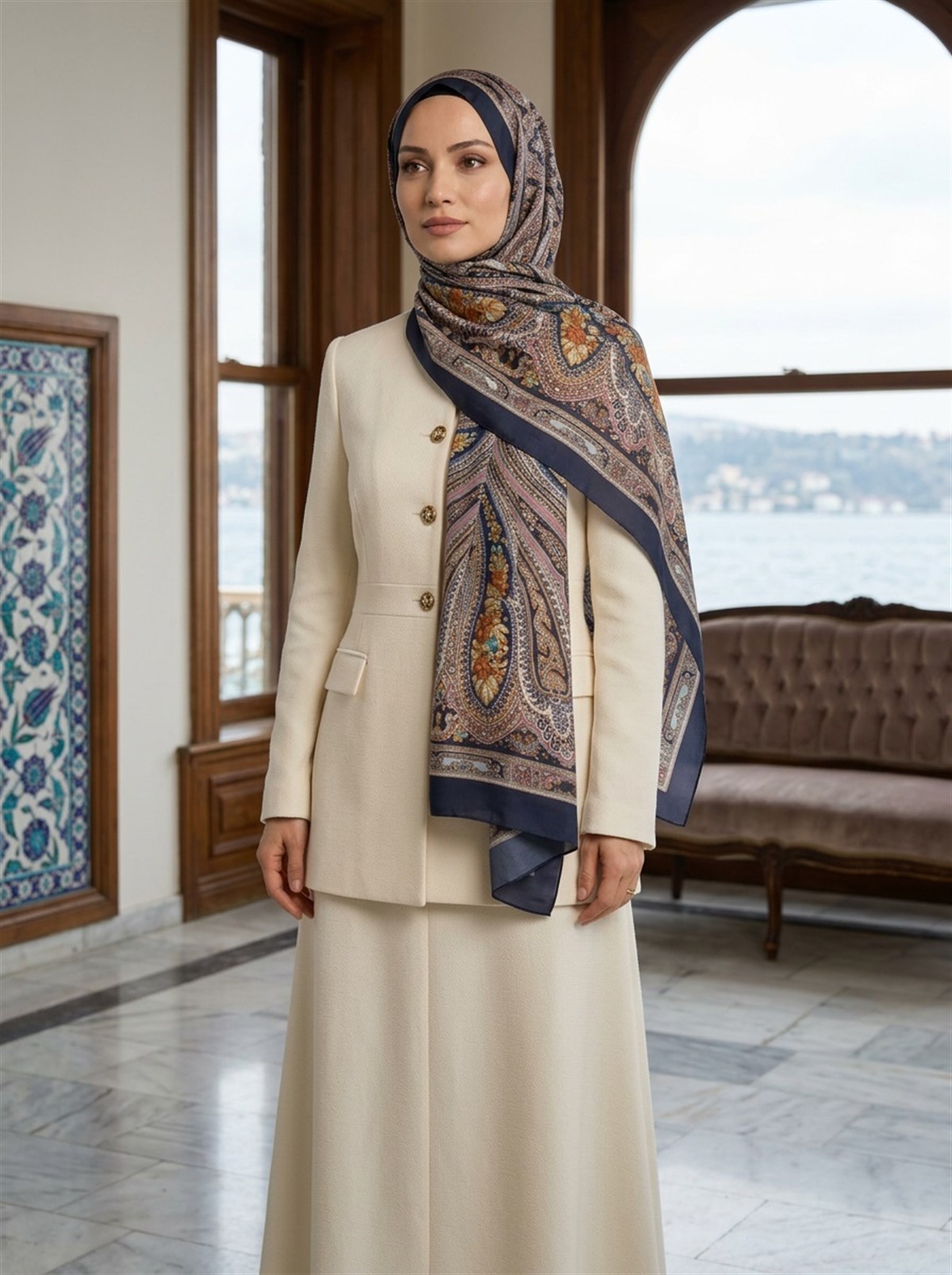 %100 İpek Etro Desenli Lacivert Renkli 92x210 Şal