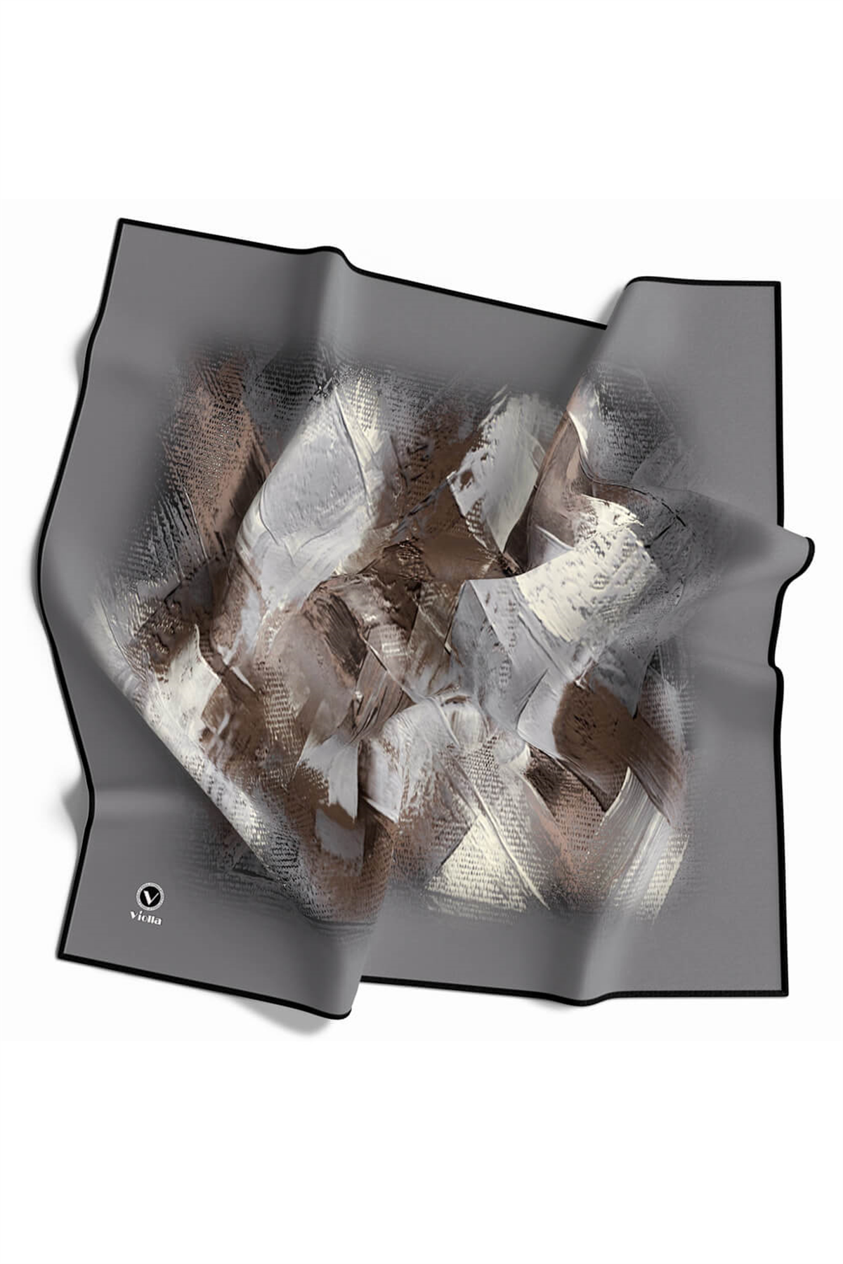 Twill Fırça Efektli Desenli Gri Renkli 90x90 Eşarp (İpek İçermez) Kenar Dikiş Şekli El Dikişli