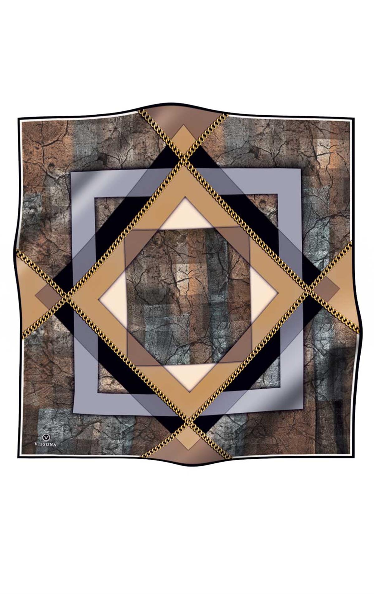 %100 Twill İpek Taş Efekti Desenli Gri - Siyah Renkli 90x90 Eşarp Dikim Şekli : El Dikişi