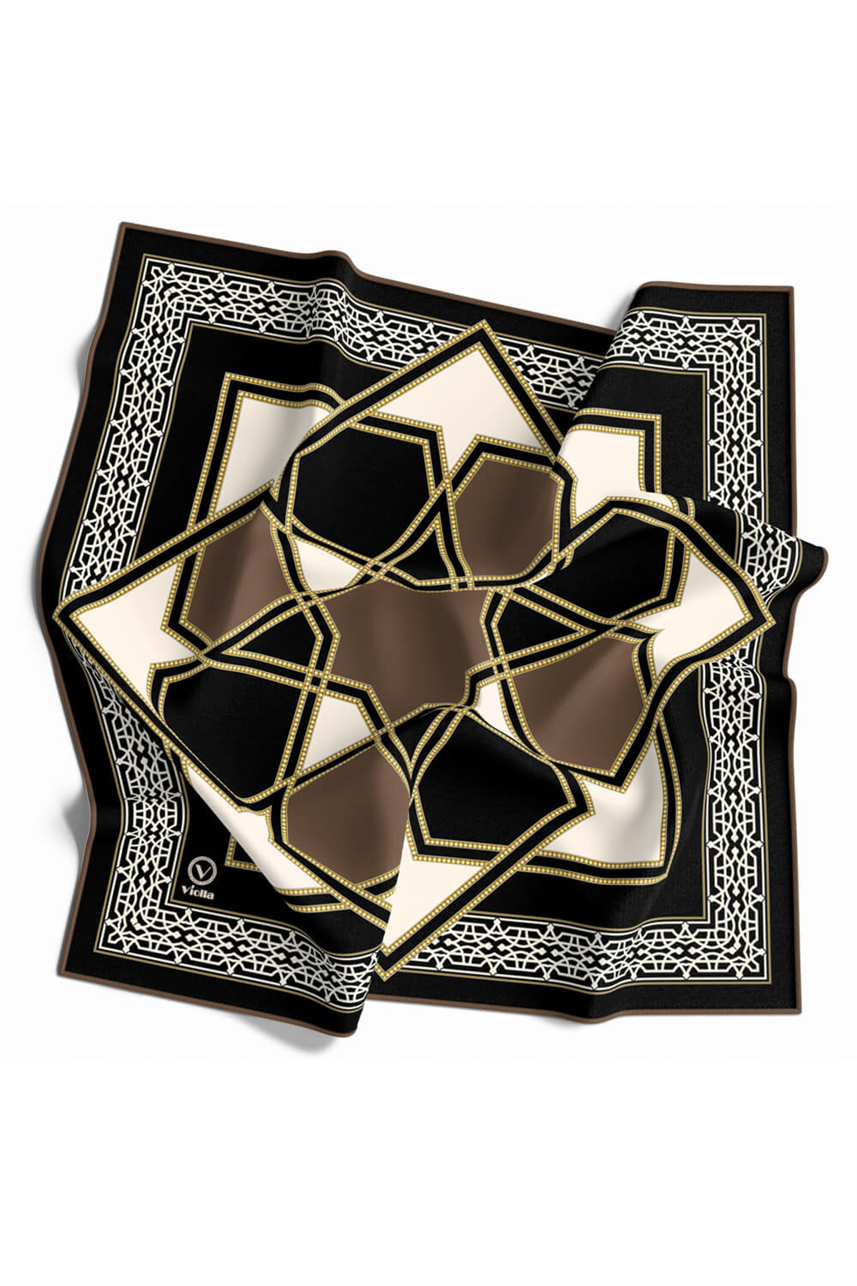 Twill Osmanlı Çini Desenli Vizon Renkli 90x90 Eşarp (İpek İçermez)Kenar Dikiş Şekli El Dikişli