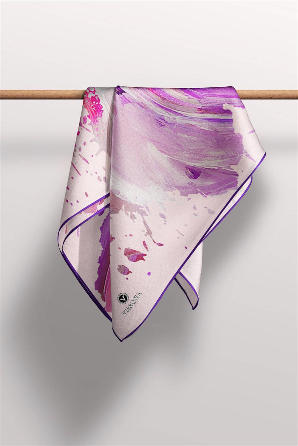 %100 Twill İpek Fırça Darbesi Desenli Mor - Pembe Renkli 90x90 Eşarp Dikim Şekli : El Dikişi
