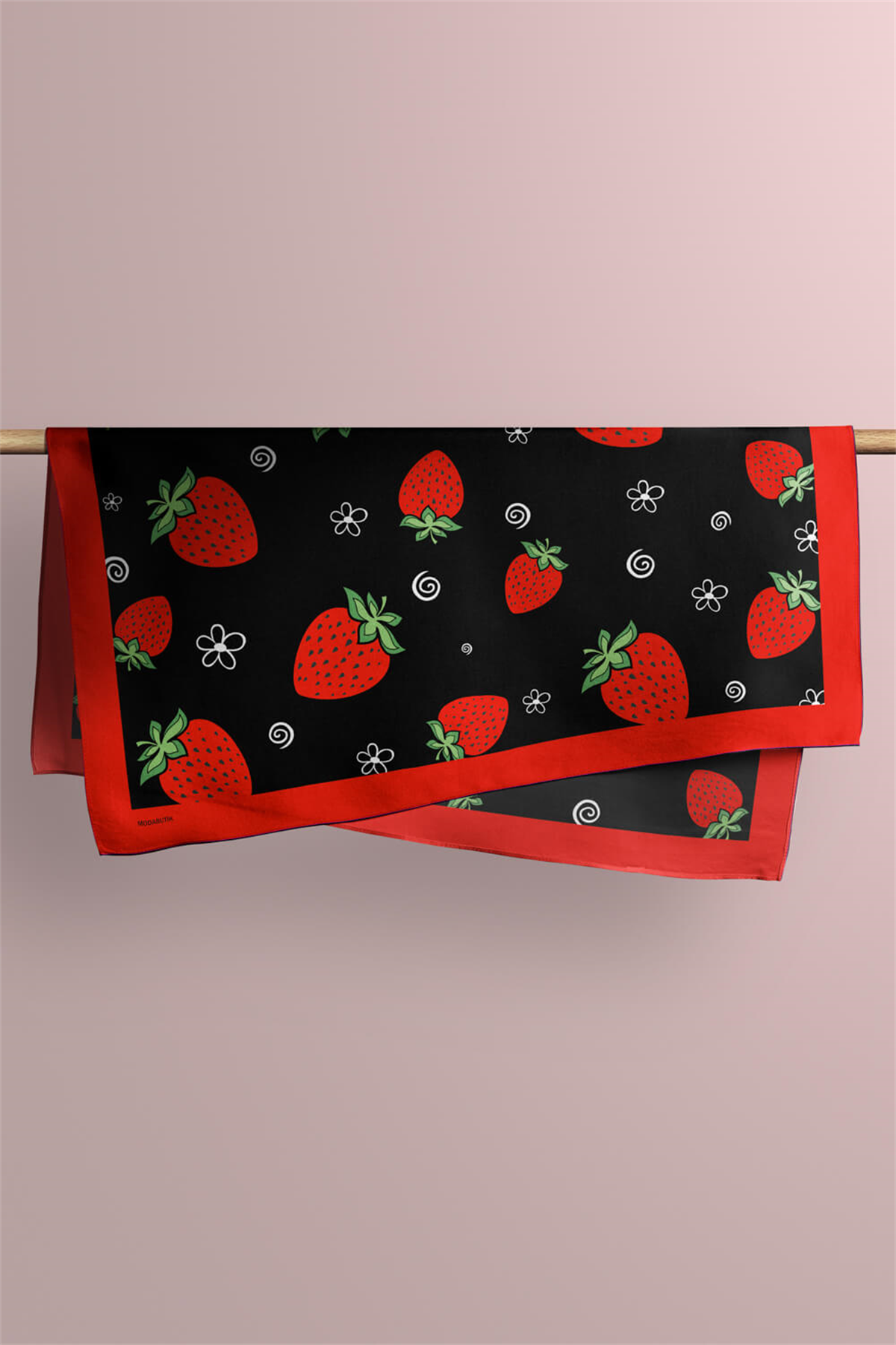 Kadın Çilek Desenli Bandana 50x50 Kırmızı Siyah DG0264-22