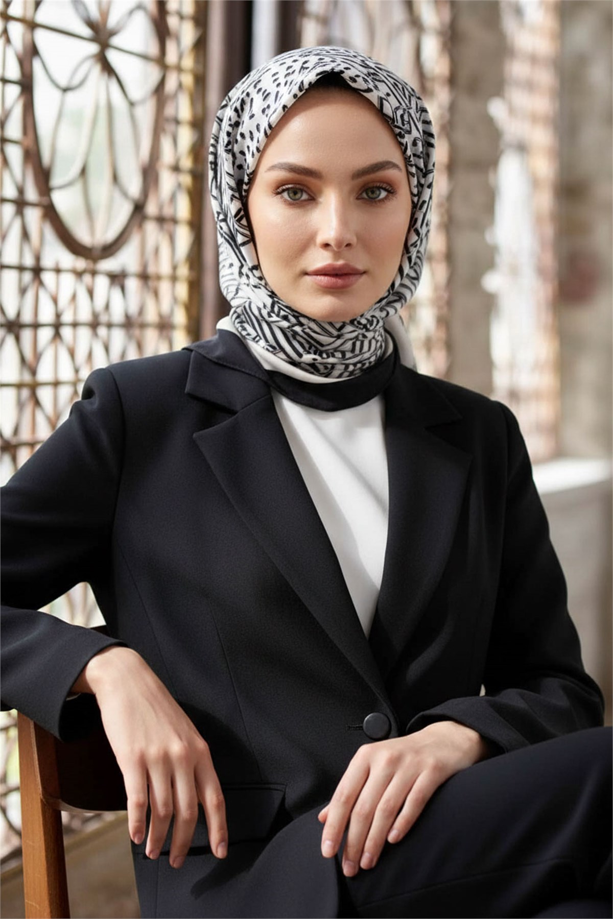 KREP GEOMETRİK DESENLİ KREM - GRİ RENKLİ 75X195 KIRIŞMAZ ŞAL