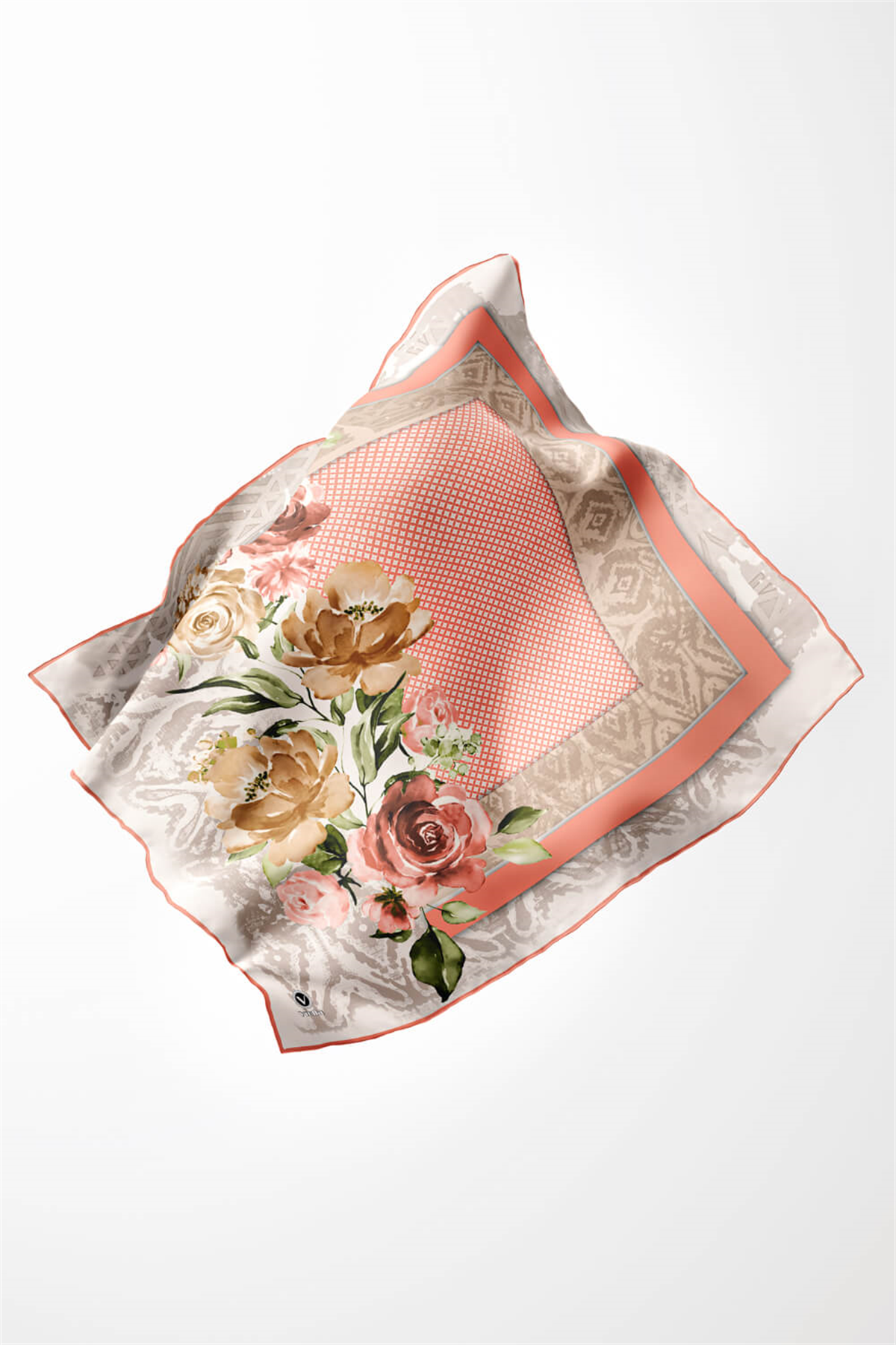 Twill Çiçek Desenli Somon Renkli 90x90 Eşarp (İpek İçermez) Kenar Dikiş Şekli El Dikişli
