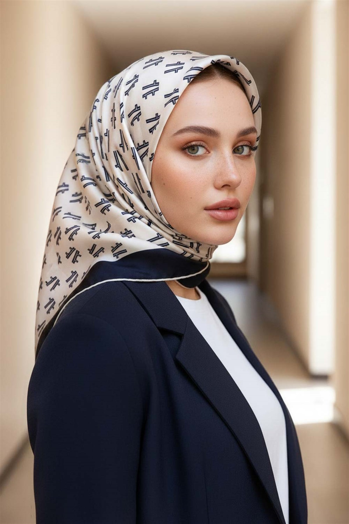 % 57 İPEK % 43 VİSKON Twill İpek Geometrik Desenli Krem - Lacivert Renkli 90x90 Eşarp Dikim Şekli : El Dikişi