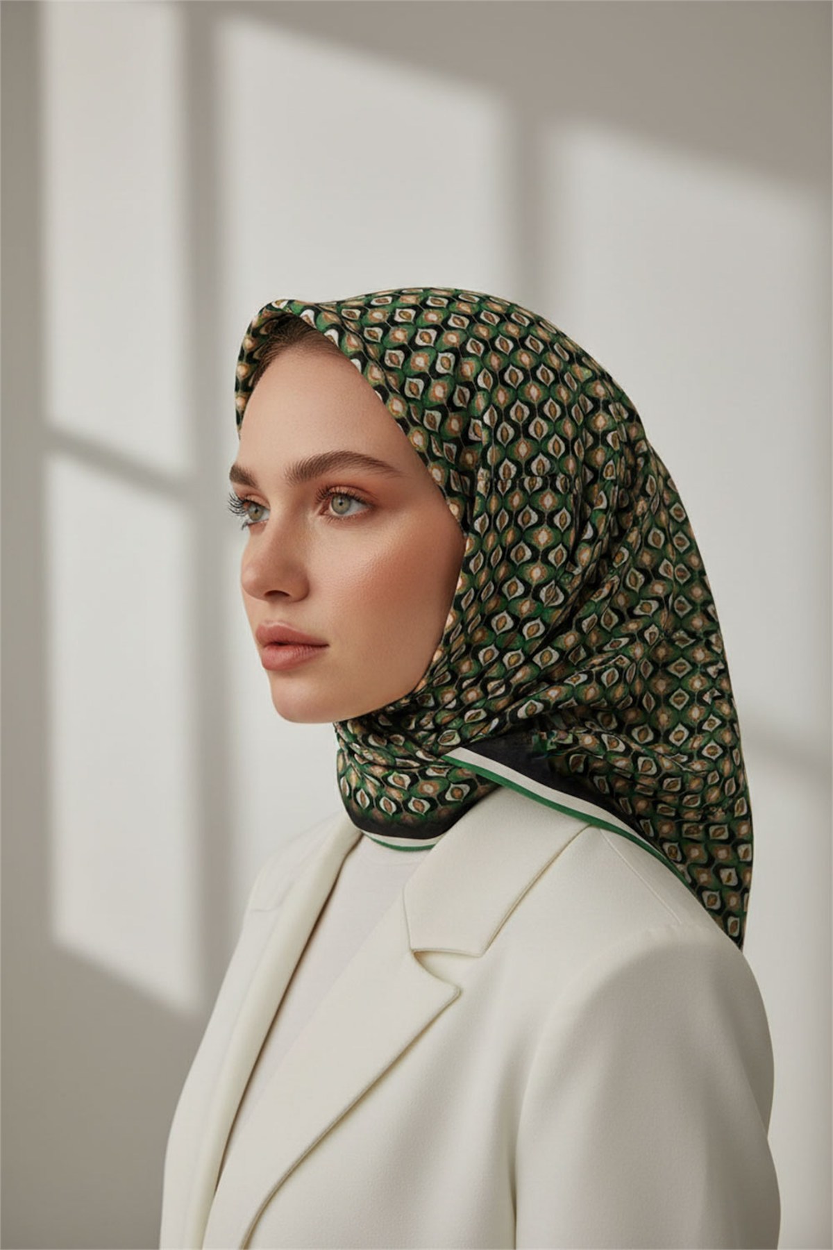 Twill Çıtır Desenli Petrol Yeşili Renkli 90x90 Eşarp (İpek İçermez) Kenar Dikiş Şekli El Dikişli
