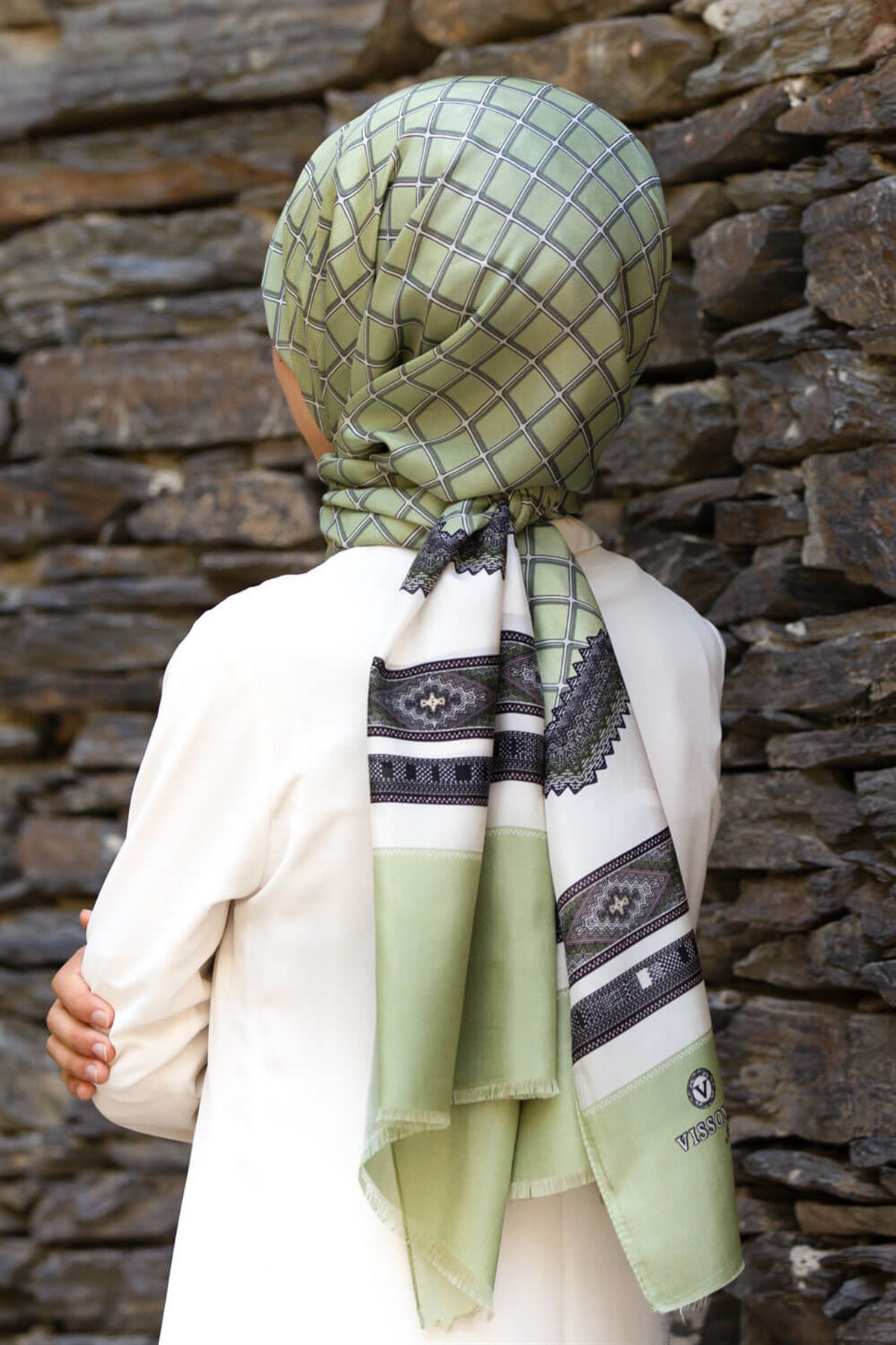 %100 İpek Etnik Desenli Su Yeşili - Krem Renkli 92x210 Şal