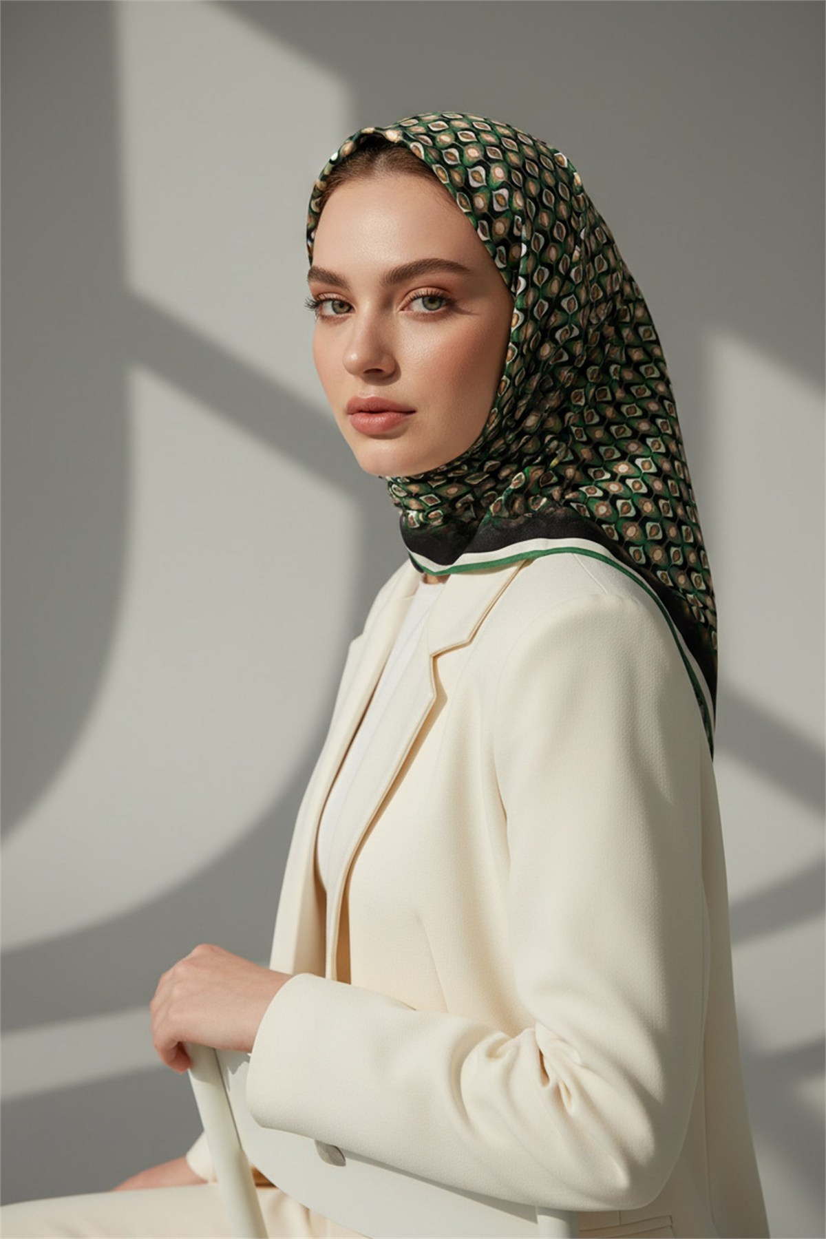 Twill Çıtır Desenli Petrol Yeşili Renkli 90x90 Eşarp (İpek İçermez) Kenar Dikiş Şekli El Dikişli