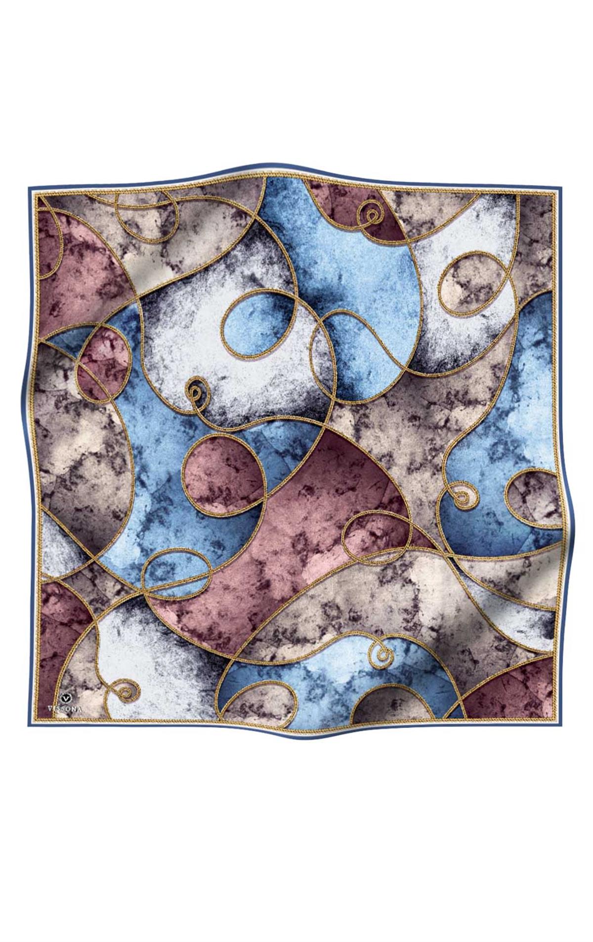 %100 Twill İpek Zincirli Mermer Desenli Bebe Mavisi - Pudra Renkli 90x90 Eşarp Dikim Şekli : El Dikişi