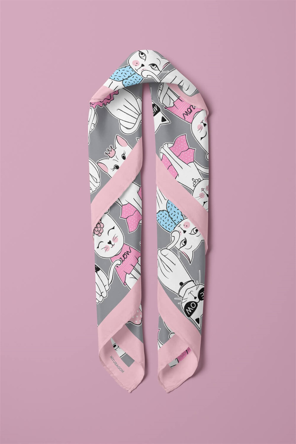 Violla B85 Kadın Kedi Desenli Bandana 50x50 Siyah Beyaz Pembe DG0411-22 Snz