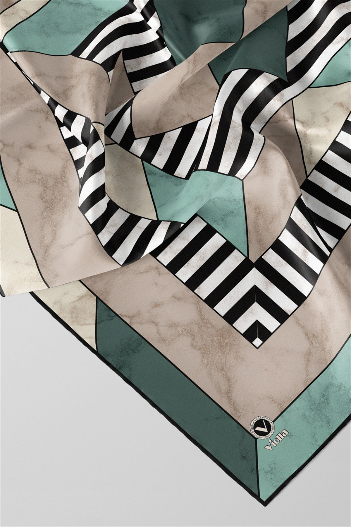 Twill Çizgili Geometrik Mermer Desenli Mint Yeşili Renkli 90x90 Eşarp (İpek İçermez) Kenar Dikiş Şekli El Dikişli