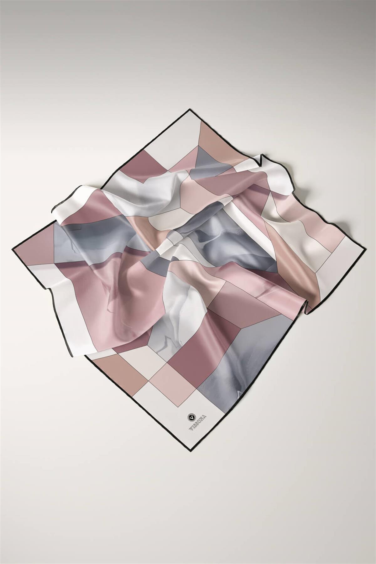 %100 Twill İpek Geometrik Desenli Pudra - Gri Renkli 90x90 Eşarp Dikim Şekli : El Dikişi