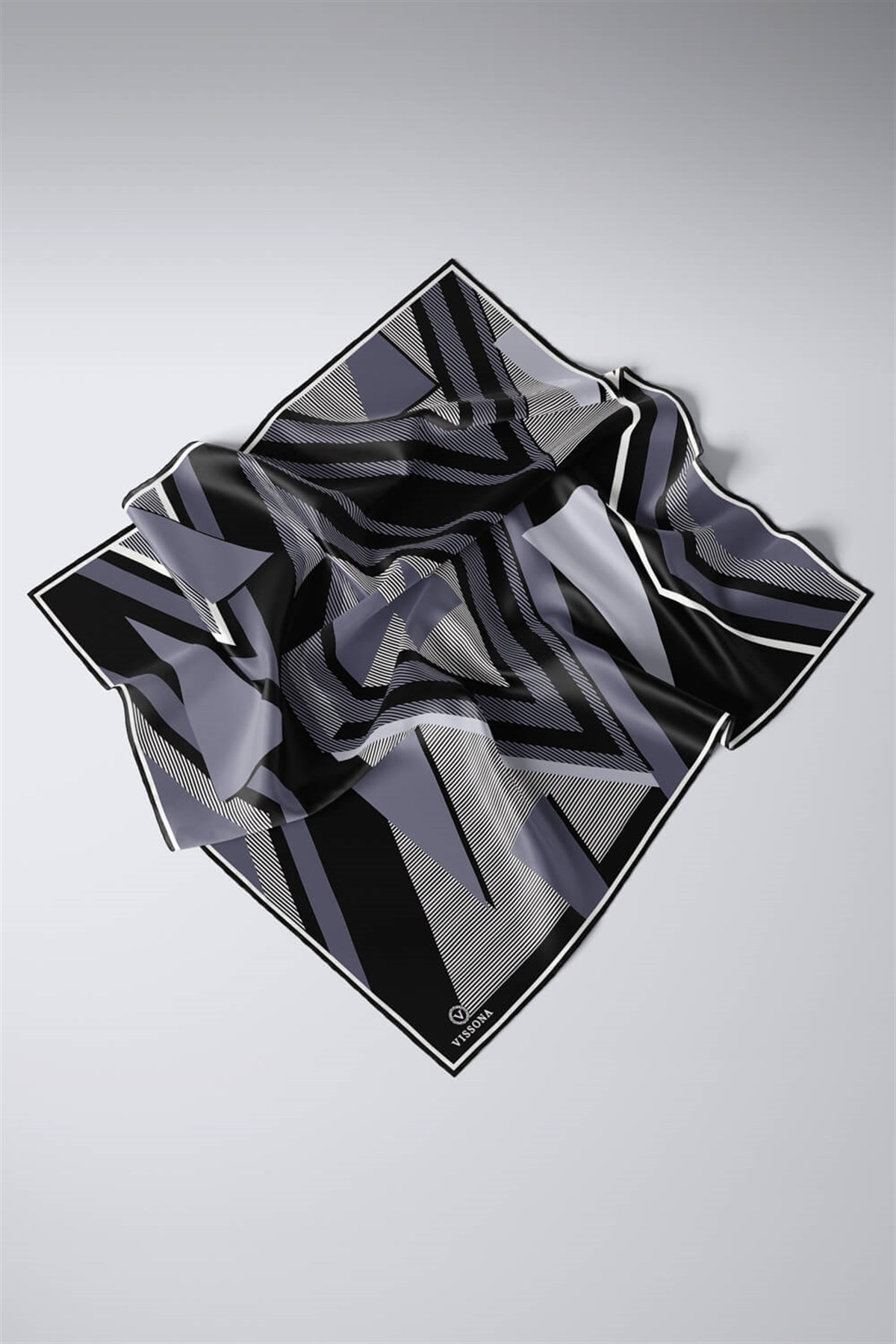 % 57 İPEK % 43 VİSKON Twill İpek Geometrik Desenli Gri - Siyah Renkli 90x90 Eşarp Dikim Şekli : El Dikişi
