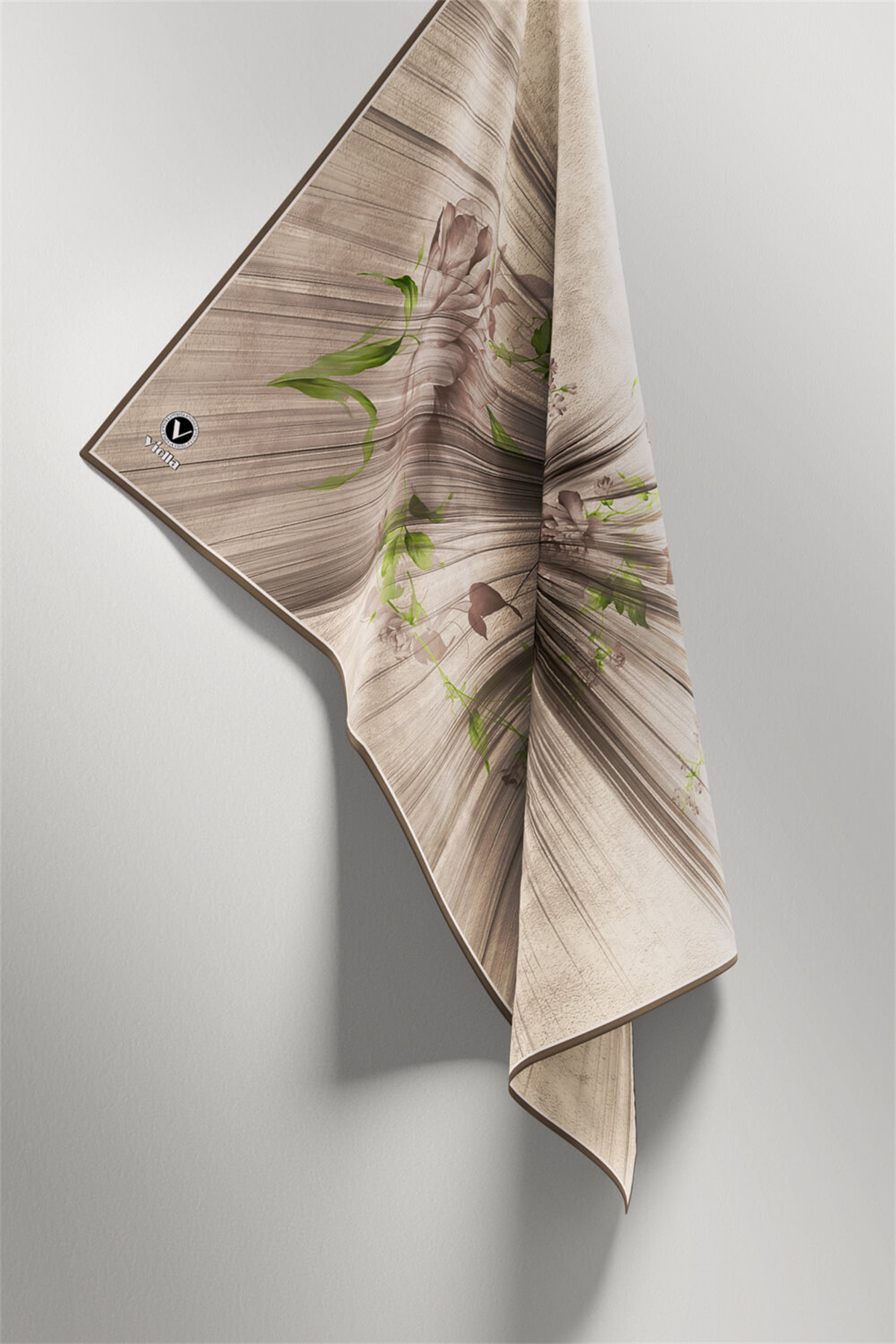 Twill Çiçekli Desenli Taş Renkli 90x90 Eşarp (İpek İçermez) Kenar Dikiş Şekli El Dikişli