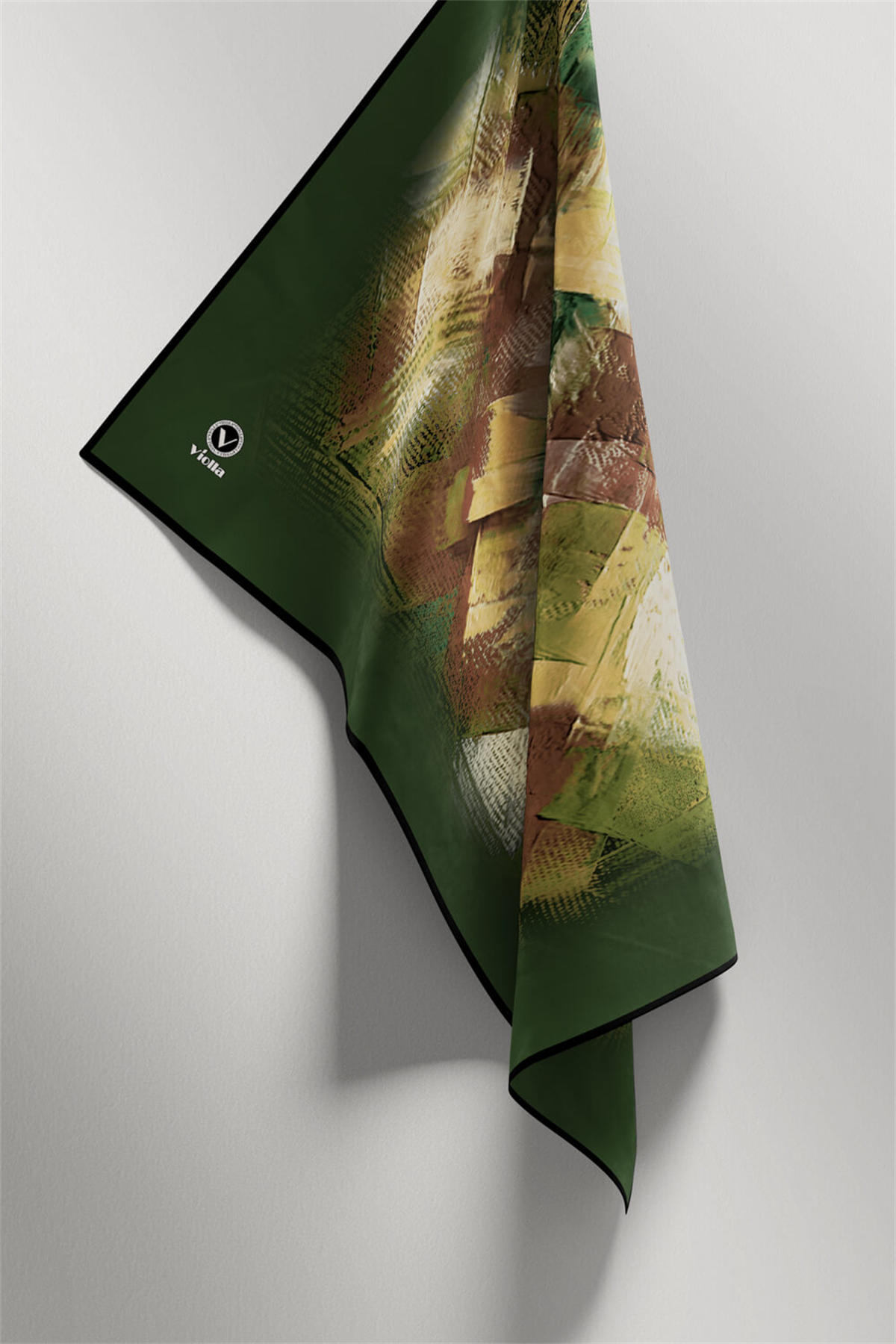 Twill Fırça Efektli Desenli Zümrüt Yeşili Renkli 90x90 Eşarp (İpek İçermez) Kenar Dikiş Şekli El Dikişli