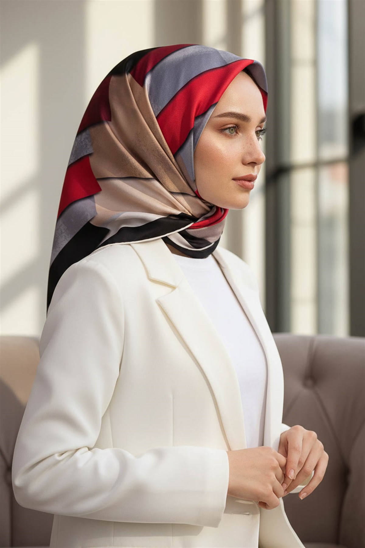 % 57 İPEK % 43 VİSKON Twill Geometrik Bulut  Desenli Kırmızı Bej  Renkli 90x90 Eşarp Dikim Şekli: El Dikişi