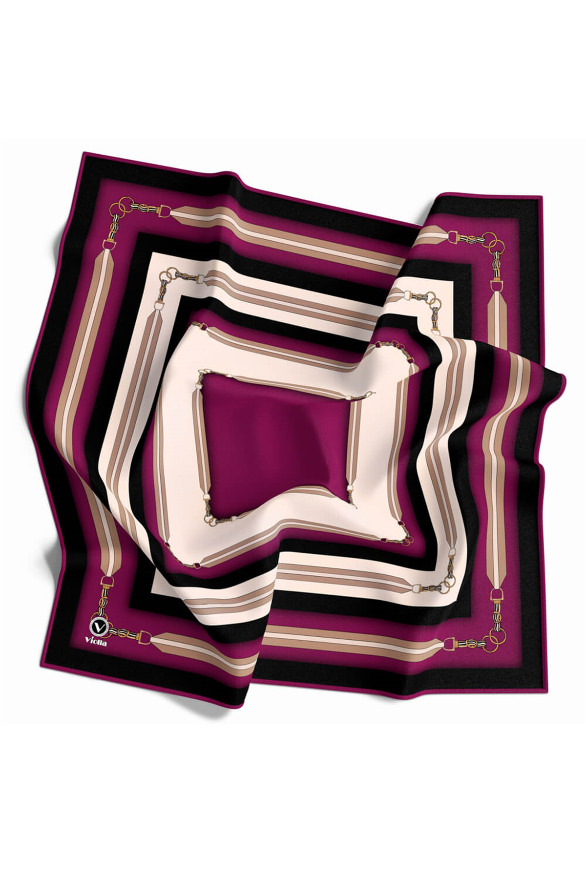 Twill Kemer Desenli Mürdüm Renkli 90x90 Eşarp (İpek İçermez) Dikim Şekli : El Dikişi