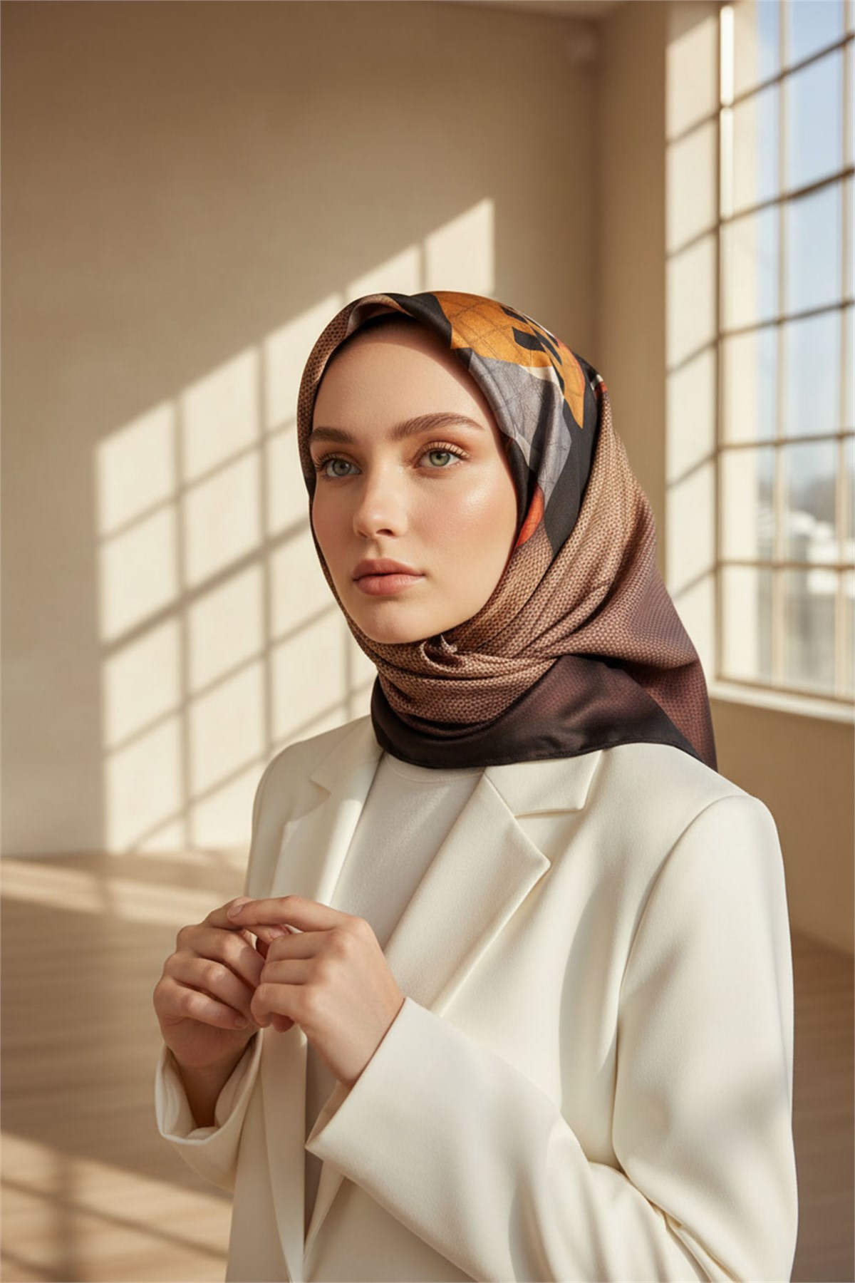 %100 Twill İpek Eşarp 90x90 Modern Geometrik Desenli El Dikişli Kadın Eşarp