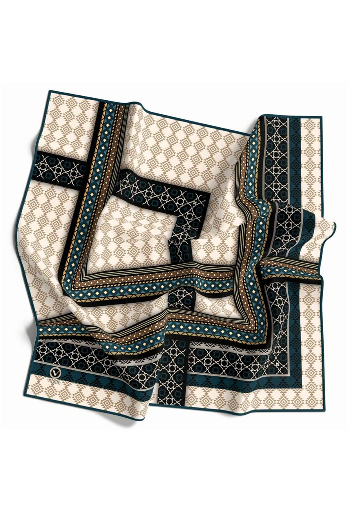 Twill Etnik Desenli Petrol Mavisi Renkli 90x90 Eşarp (İpek İçermez) Kenar Dikiş Şekli El Dikişli