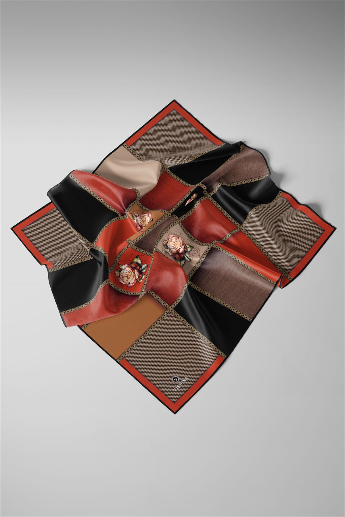 %100 Twill İpek Dokulu Çiçekli Ve Geometrik Desenli Siyah - Taba Renkli 90x90 Eşarp Dikim Şekli : El Dikişi