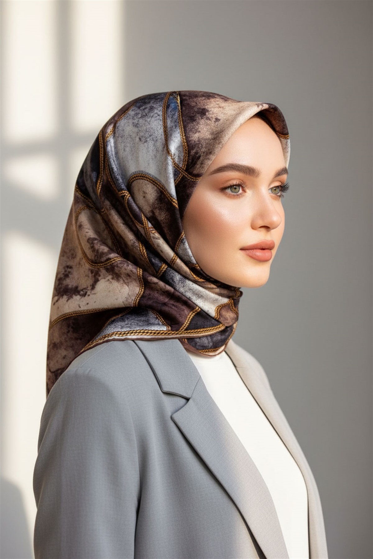 %100 Twill İpek Zincirli Mermer Desenli Bej - Gri Renkli 90x90 Eşarp Dikim Şekli : El Dikişi