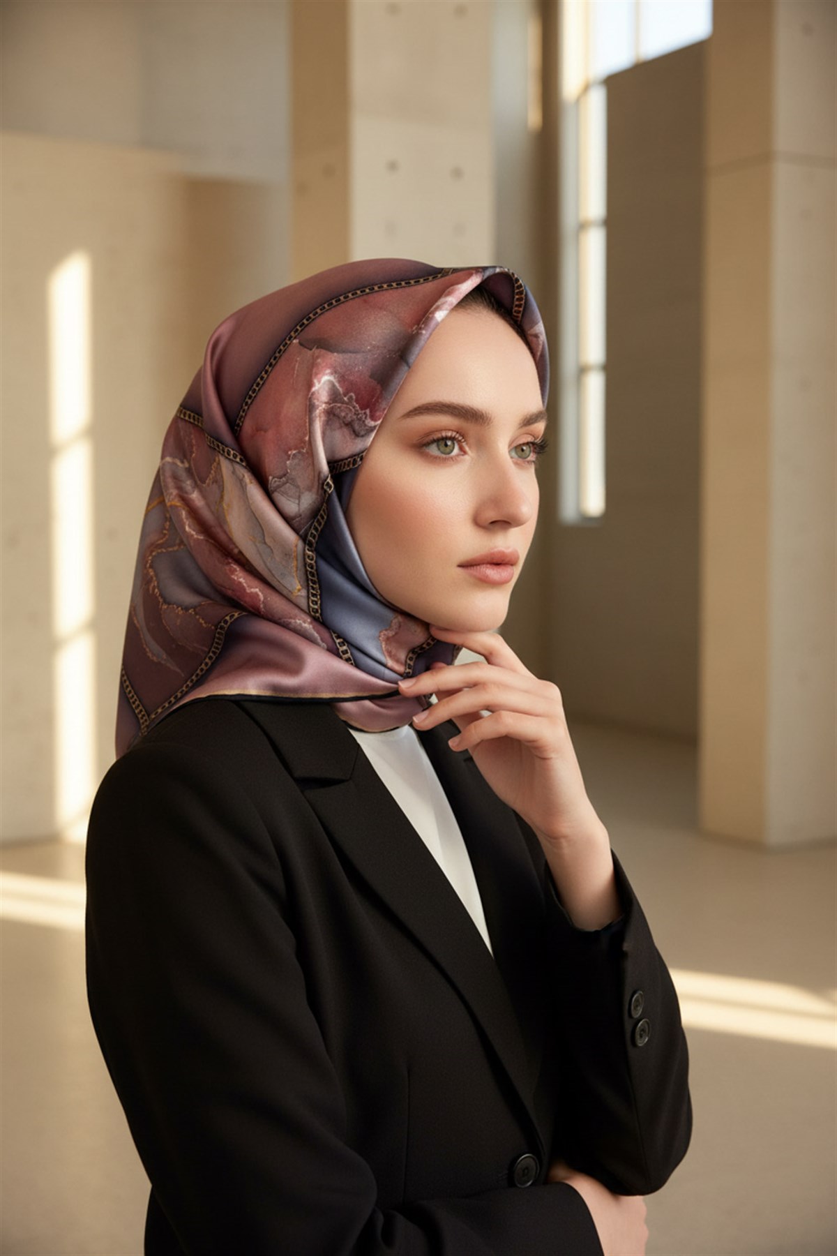 %100 Twill İpek Efektli Bant Desenli Pudra - Gri Renkli 90x90 Eşarp Dikim Şekli : El Dikişi