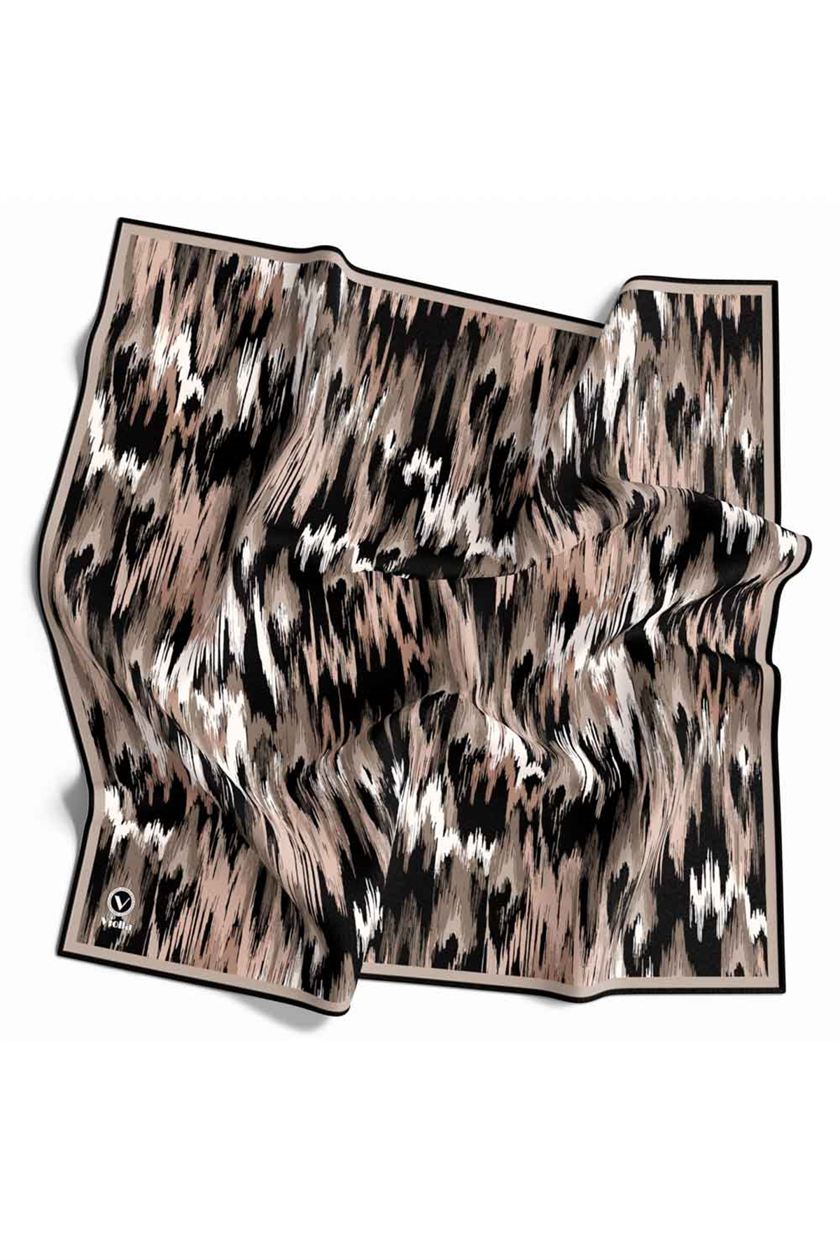 Twill Fırça Desenli Bej Renkli 90x90 Eşarp (İpek İçermez) Kenar Dikiş Şekli El Dikişli