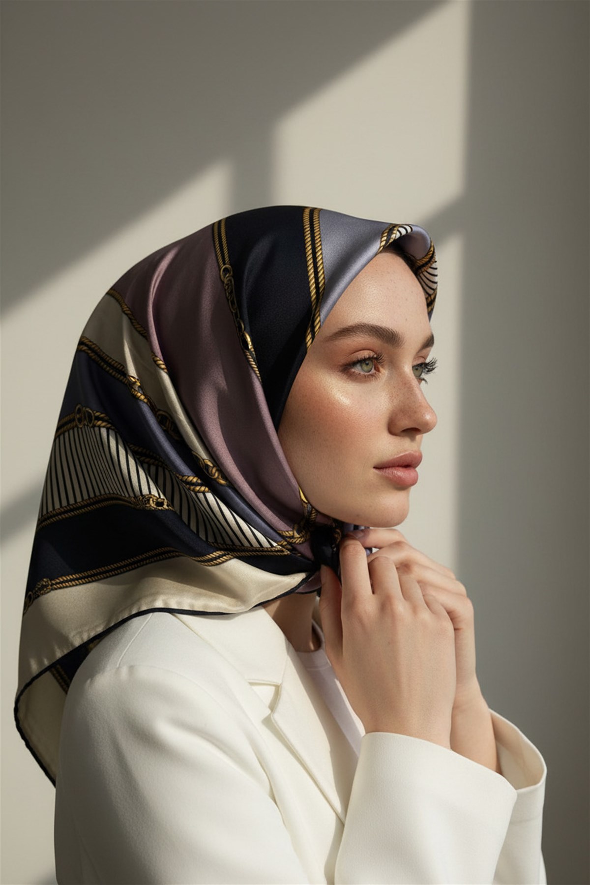%100 Twill İpek Zincir Detaylı Geometrik Desenli Gri - Pudra Renkli 90x90 Eşarp Dikim Şekli : El Dikişi