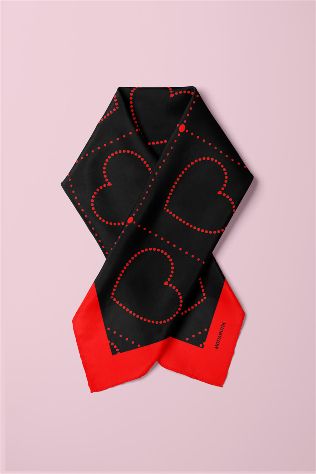 V23 Kadın Kalp Desenli Bandana 50x50 Kırmızı Siyah DG0446-22