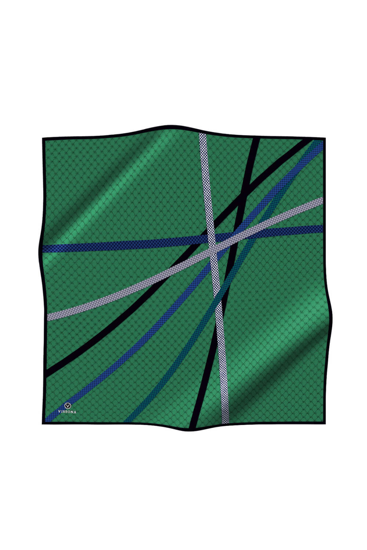 %57 İPEK %43 VİSKON Twill İpek Monogram Ve Şerit Desenli Zümrüt Yeşili - Siyah Renkli 90x90 Eşarp Dikim Şekli : El Dikişi