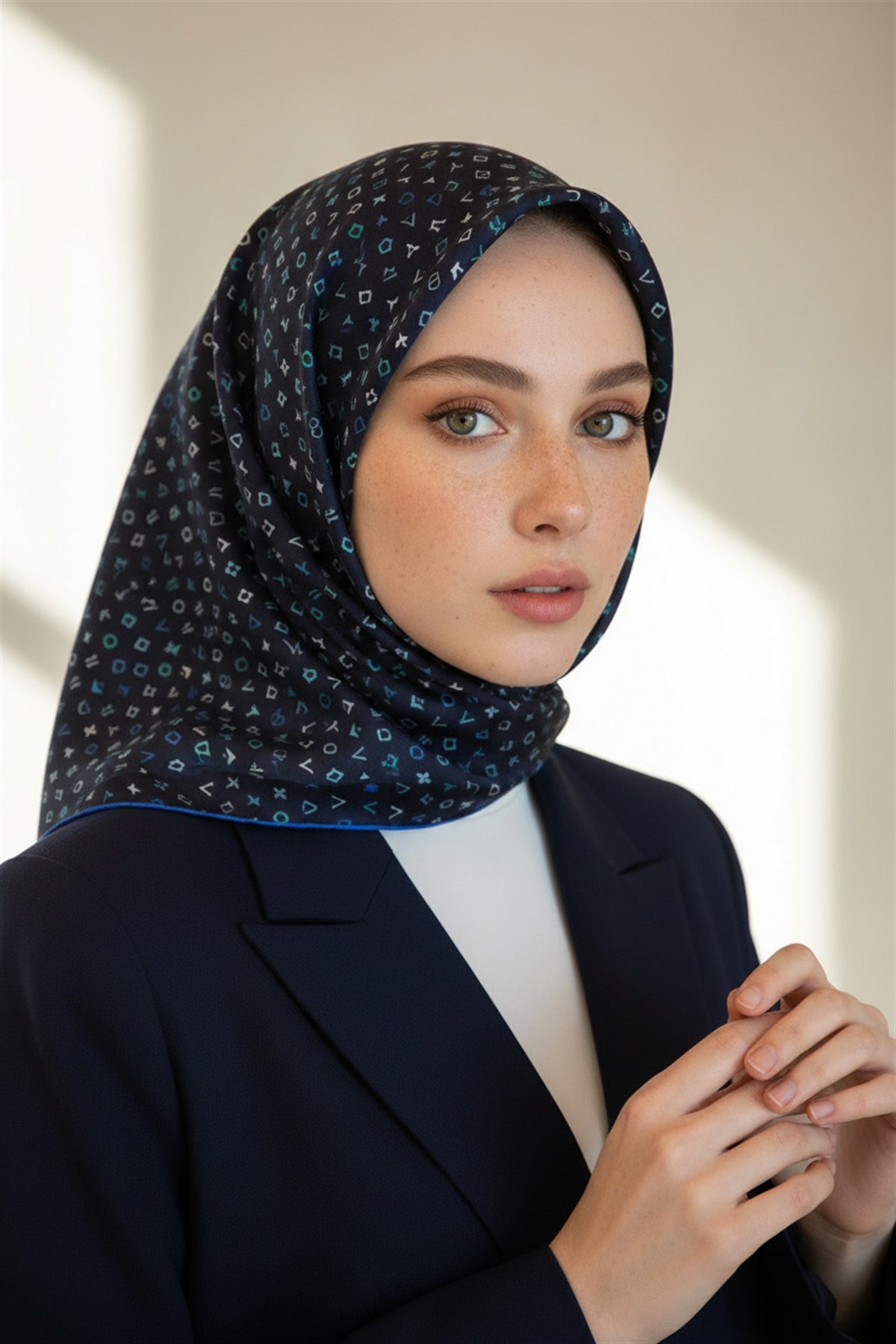 %100 Twill İpek Çıtır Motif Desenli Lacivert - İndigo Renkli 90x90 Eşarp Dikim Şekli : El Dikişi