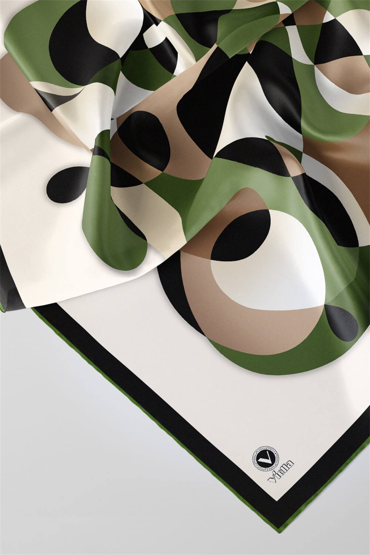 Twill Geometrik Desenli Zümrüt Yeşili Renkli 90x90 Eşarp (İpek İçermez) Kenar Dikiş Şekli El Dikişli