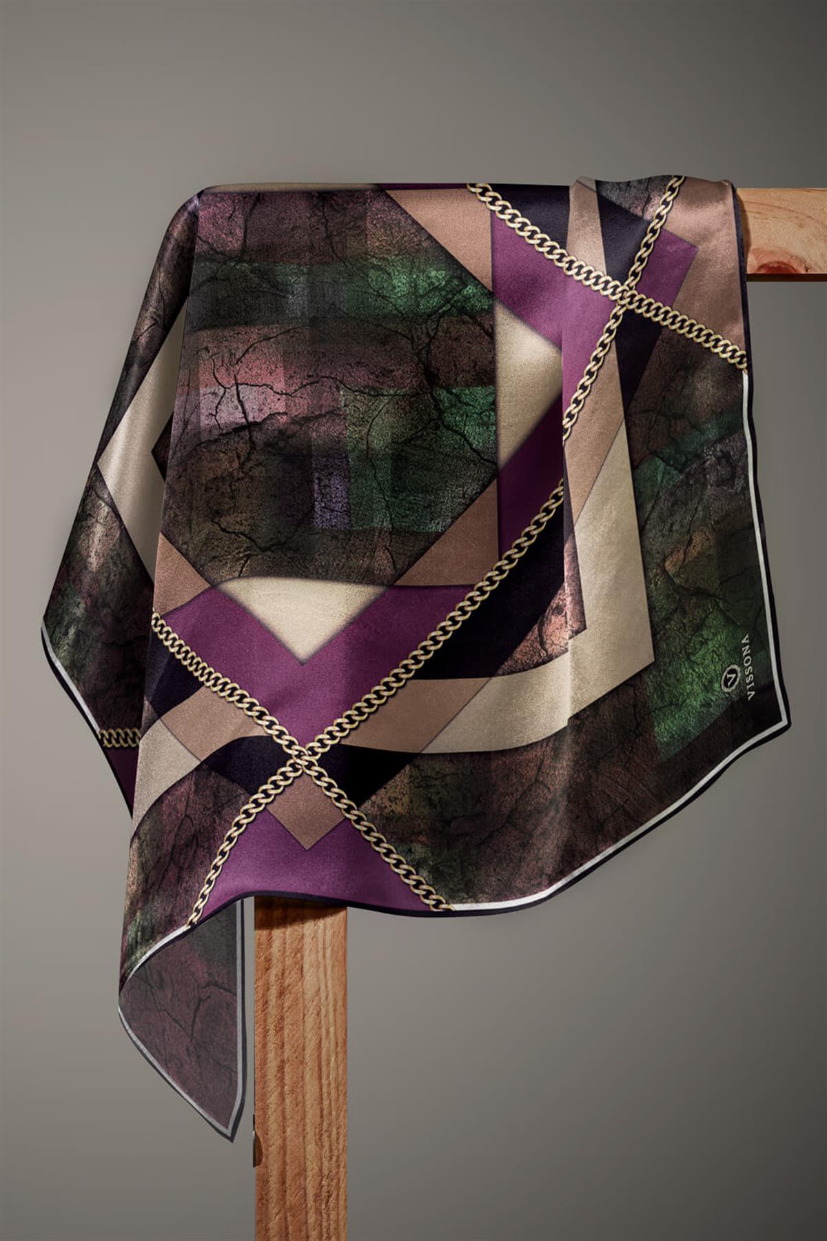 %100 Twill İpek Taş Efekti Desenli Mürdüm - Siyah Renkli 90x90 Eşarp Dikim Şekli : El Dikişi