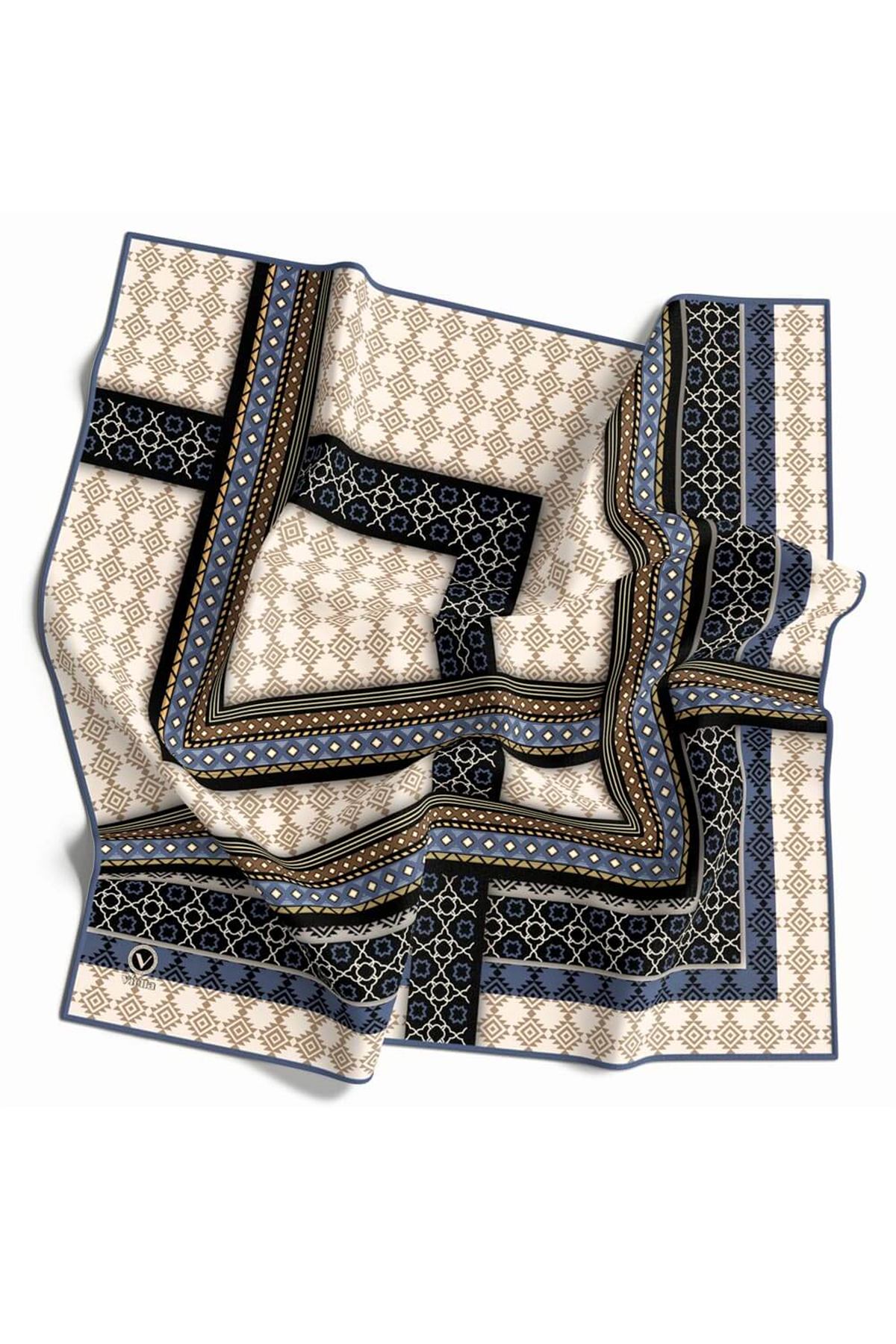Twill Etnik Desenli Bebe Mavisi Renkli 90x90 Eşarp (İpek İçermez) Kenar Dikiş Şekli El Dikişli