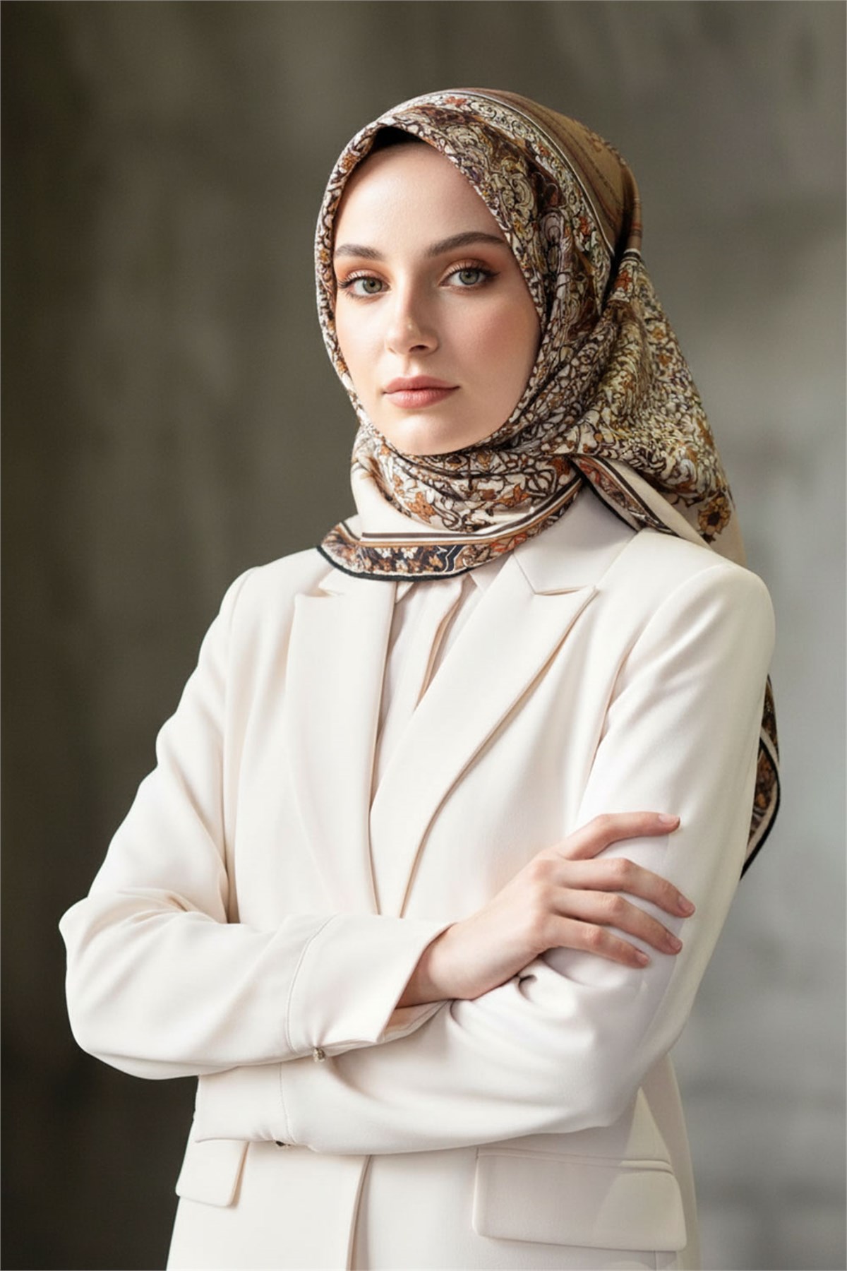 %100 Twill İpek Şal Desenli Bej Renkli 90x90 Eşarp Dikim Şekli : El Dikişi