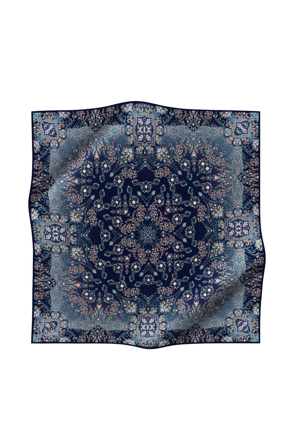 %100 Twill İpek Şal Desenli Lacivert - İndigo Renkli 90x90 Eşarp Dikim Şekli : El Dikişi