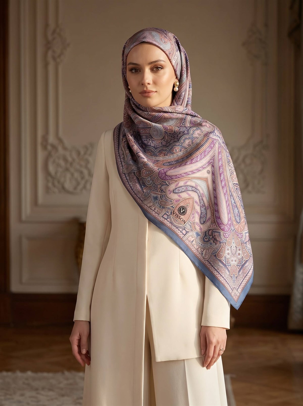100% İpek Etro Desenli Saks - Pembe Renkli 92x210 Şal