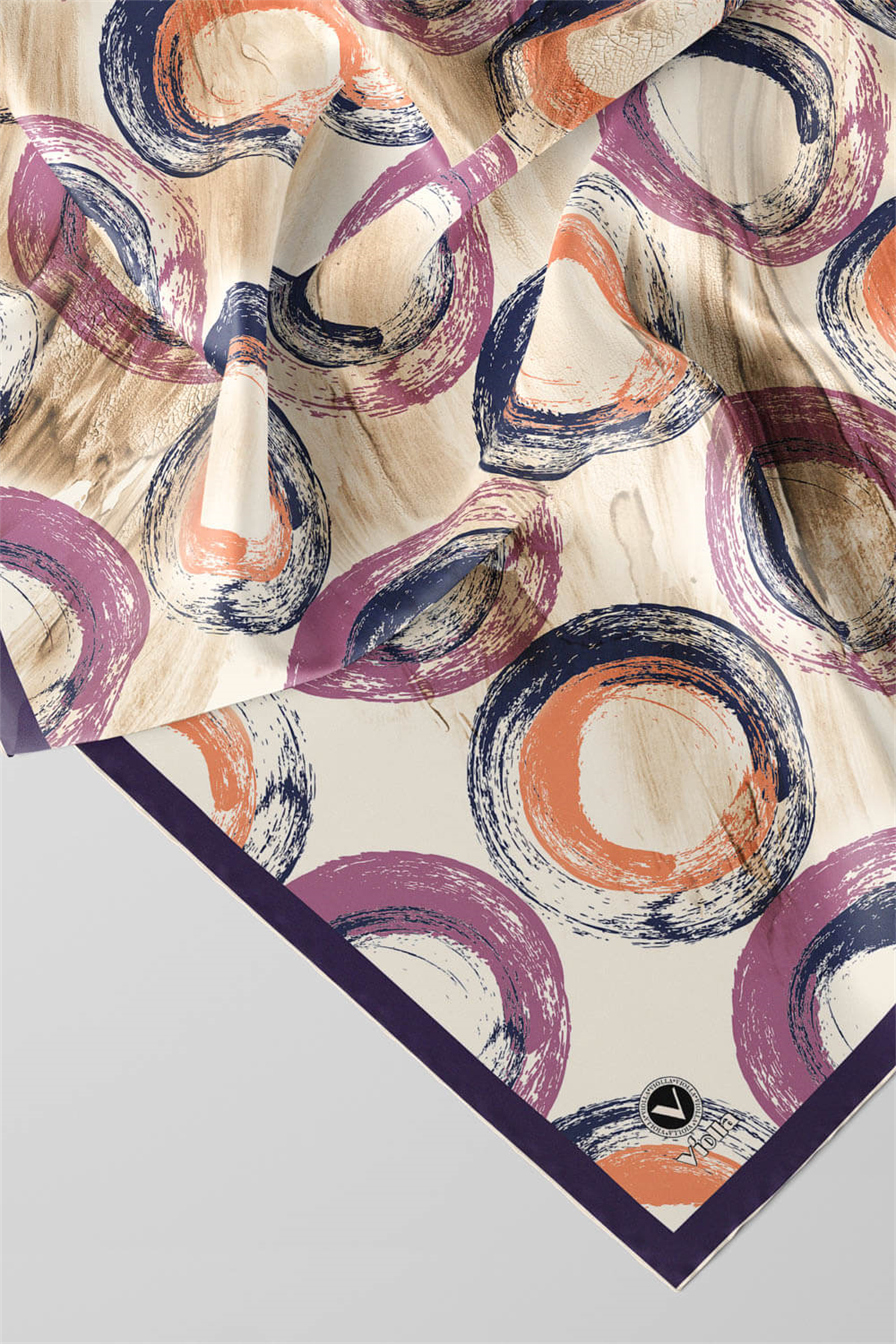 Twill Geometrik Fırça Darbesi Desenli Mor Renkli 90x90 Eşarp (İpek İçermez) Kenar Dikiş Şekli El Dikişli