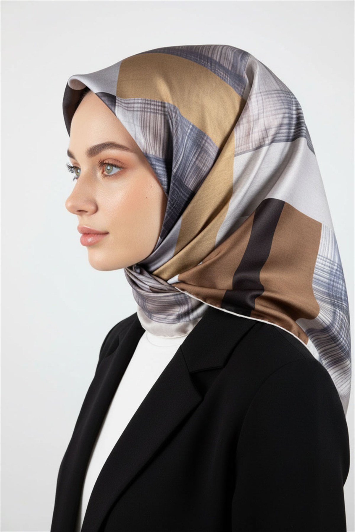 Twill Geometrik Desenli Gri Renkli 90x90 Eşarp (İpek İçermez) Kenar Dikiş Şekli El Dikişli