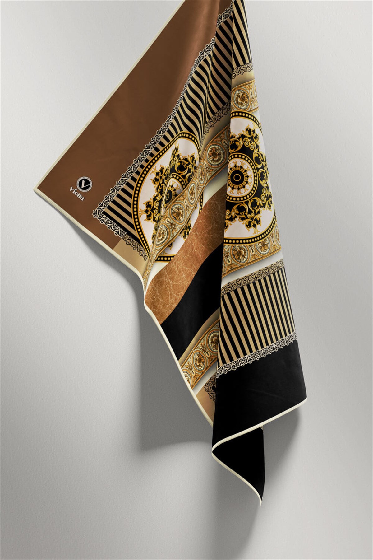 Twill Çizgili ve Barok Desenli Bej Renkli 90x90 Eşarp (İpek İçermez) Kenar Dikiş Şekli El Dikişli