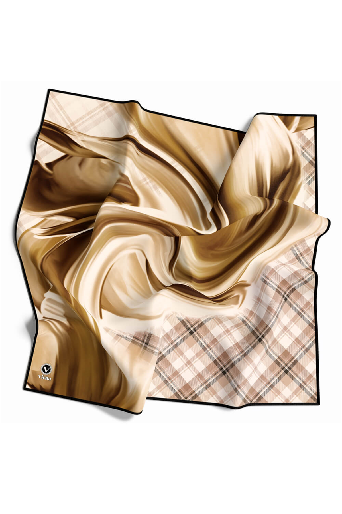 Twill Dalga ve Ekose Desenli Hardal Renkli 90x90 Eşarp (İpek İçermez)Kenar Dikiş Şekli El Dikişli